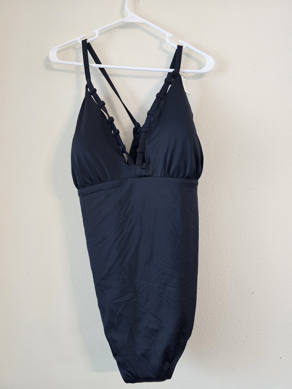 Time and Tru Black V-Neck One-Piece Swimsuit with Strappy Detail